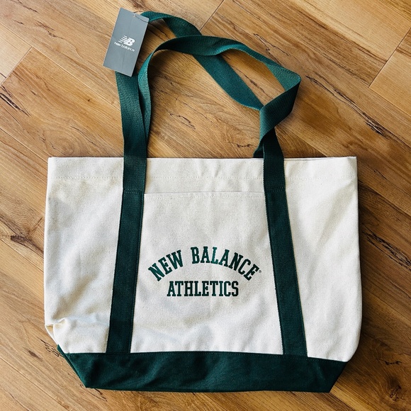 New Balance Classic Canvas Tote Bag White & Green Cotton Everyday Carry - Picture 1 of 8